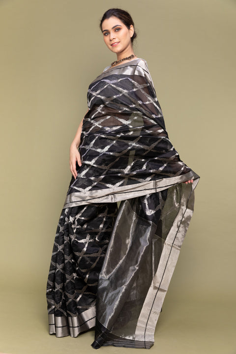 Premium Black & Silver Handloom Silk Saree with Jaal Work


