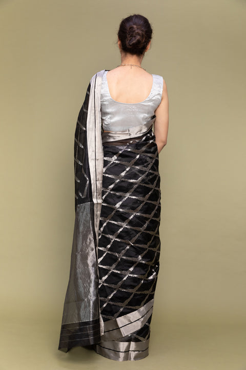 Luxury Black & Silver Handloom Silk Saree with Jaal Work

