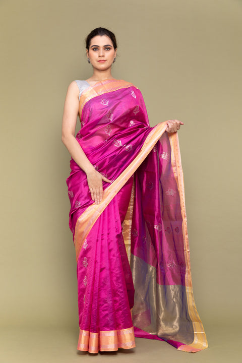 Shop Carnation Pink Handloom Silk Saree with Silver Motifs

