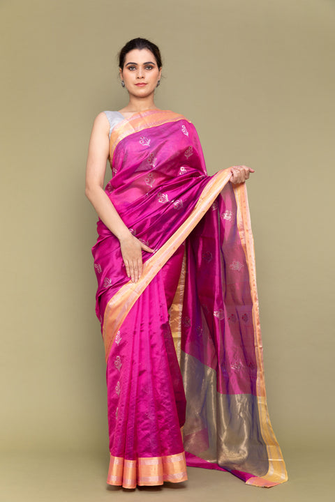 Carnation Pink Handloom Silk Saree with Silver Motifs