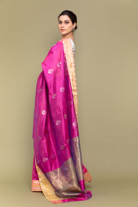 Buy Carnation Pink Handloom Silk Saree with Silver Motifs

