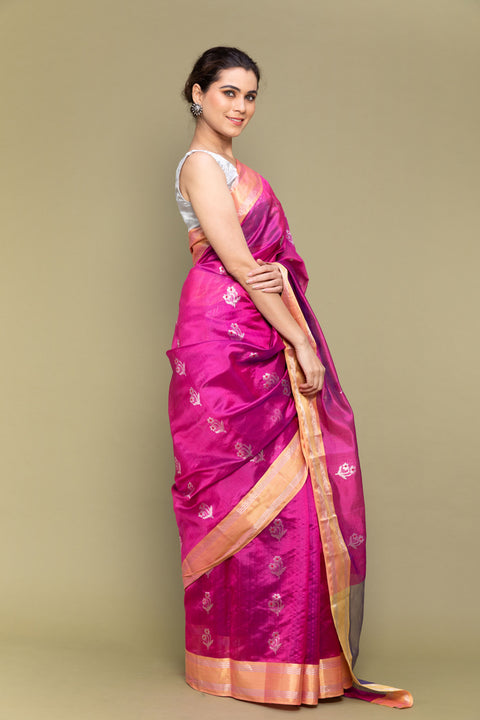 Order Carnation Pink Handloom Silk Saree with Silver Motifs

