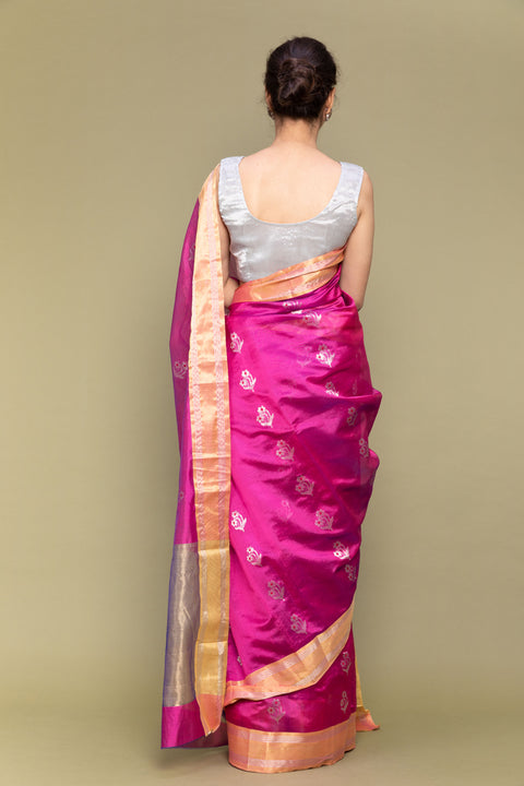 Premium Carnation Pink Handloom Silk Saree with Silver Motifs

