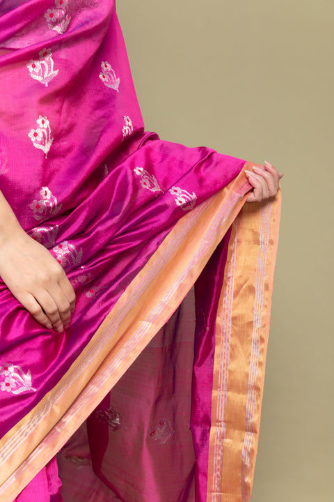 Luxury Carnation Pink Handloom Silk Saree with Silver Motifs

