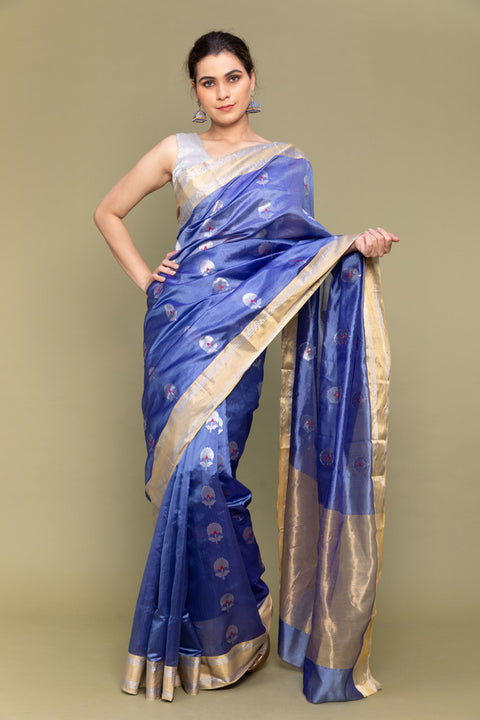 Shop Sky Blue Handloom Silk Saree with Silver Motifs

