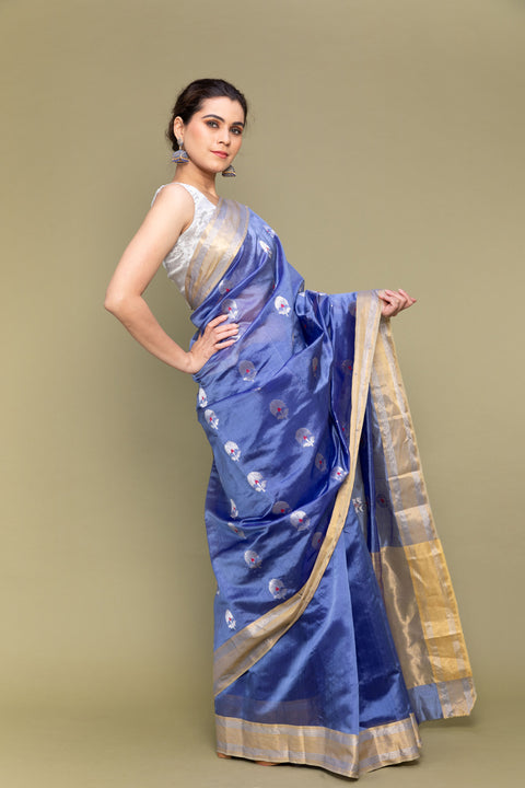 Buy Sky Blue Handloom Silk Saree with Silver Motifs

