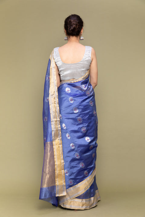 Premium Sky Blue Handloom Silk Saree with Silver Motifs

