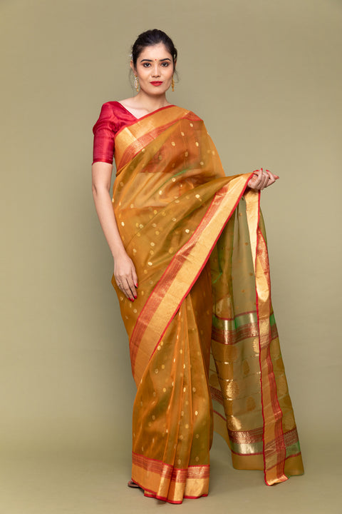 Shop Caramel Brown Handloom Silk Saree with Jacquard Border

