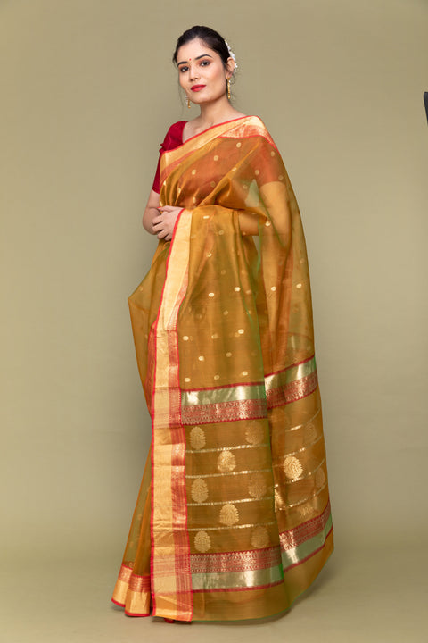 Buy Caramel Brown Handloom Silk Saree with Jacquard Border

