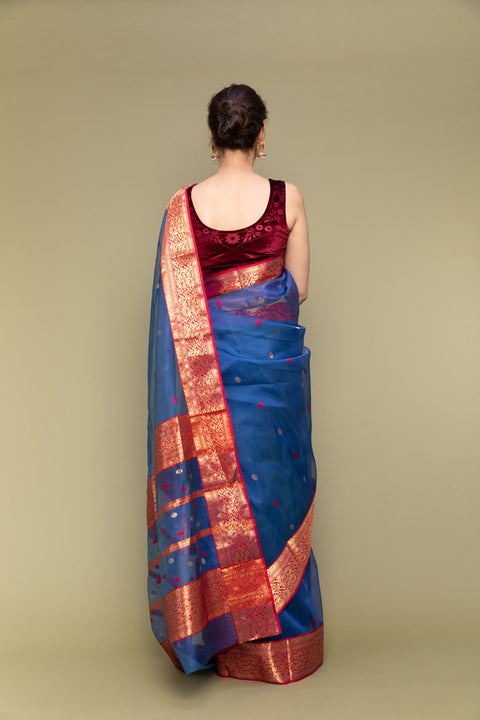 Sapphire Blue Handloom Silk Saree with Red Jacquard Border