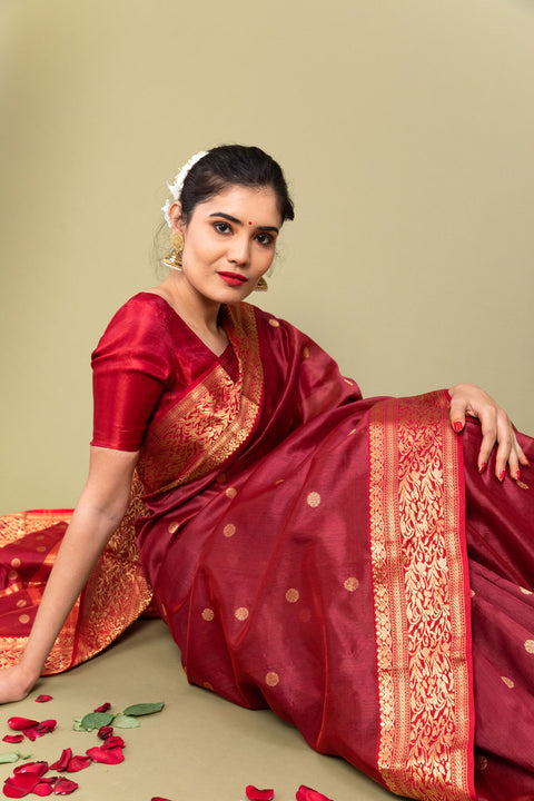 Luxury Ruby Red Handloom Silk Saree with Jacquard Border

