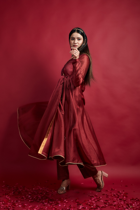 Premium Maroon Anarkali Kurta, Pinstripe Pants and Dupatta with Fringe Zari Lace in Chanderi Handloom (Set of 3) - By Vinusto