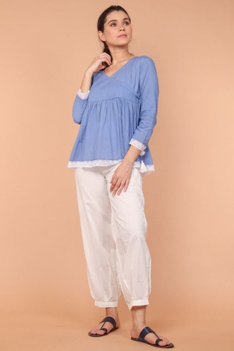 Shop Angrakha Wrapped Top in Oxford Blue with Gathered Pants in White (Set of 2) | Vinusto