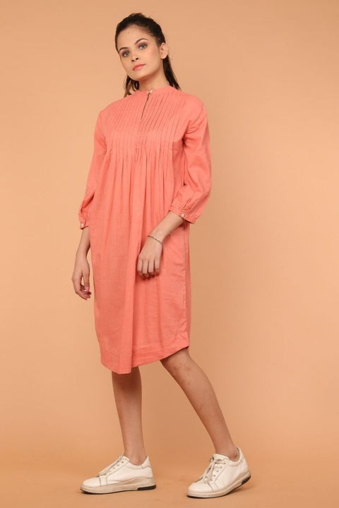 Shop Pintuck Shift Dress in Coral Cotton | Vinusto