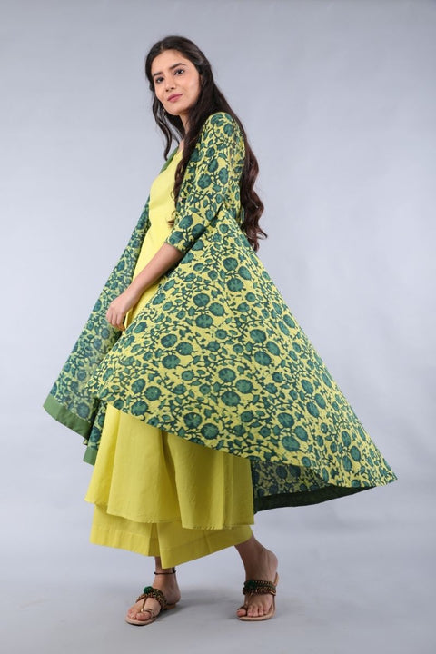Yellow & Green Hand block Printed Cotton Jacket With Waterfall Hem