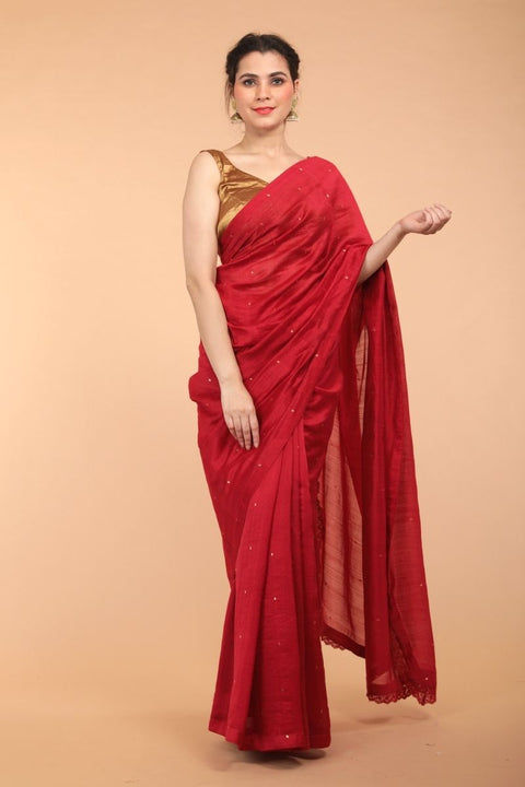 Buy Handcrafted Cranberry Red Chanderi Handloom Silk Saree – Vinusto

