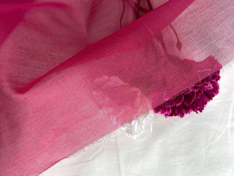 Handwoven Fuchsia Pink Chanderi silk fabric with gold border