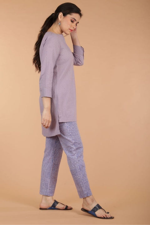 Order Pinstripe Cotton Pants in Blue & Lilac Hand Block Print | Vinusto