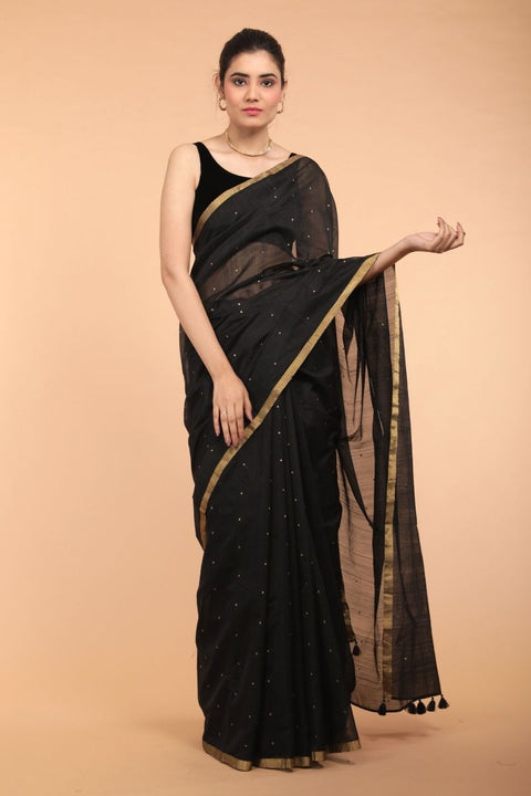 Buy Handcrafted Black Chanderi Handloom Silk Saree – Vinusto