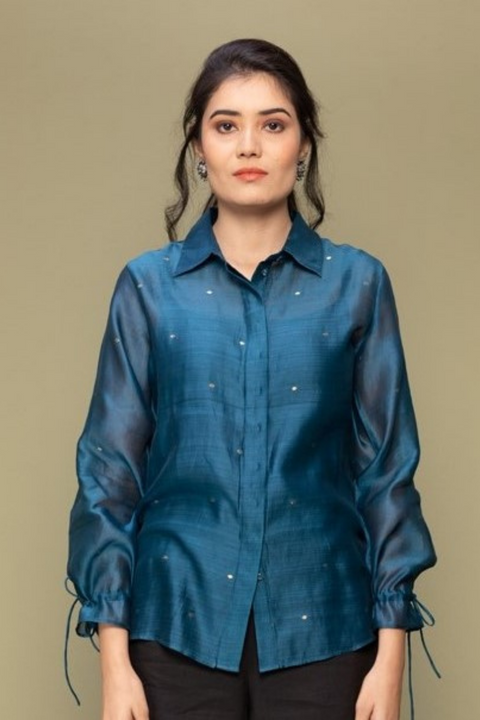 Shop Teal Blue Chanderi Handloom Shirt with Balloon Sleeves | Vinusto