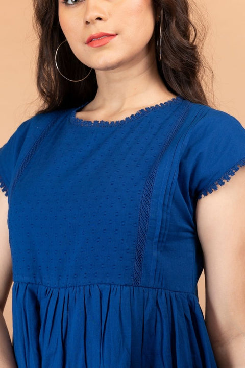 Premium Gathered Dress with Laces in Cobalt Blue Cotton | Vinusto