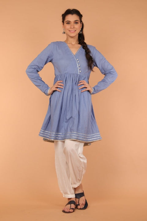 Pale Blue Cotton Angrakha Kurta With Gota Work