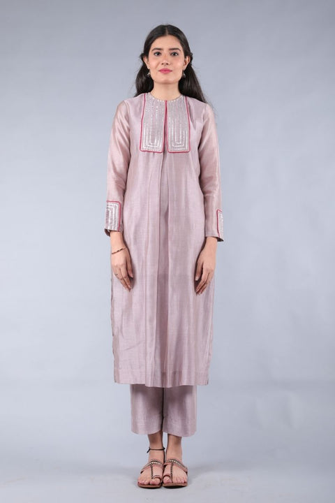 Mauve Chanderi Handloom Kurta With Gota Work Yoke