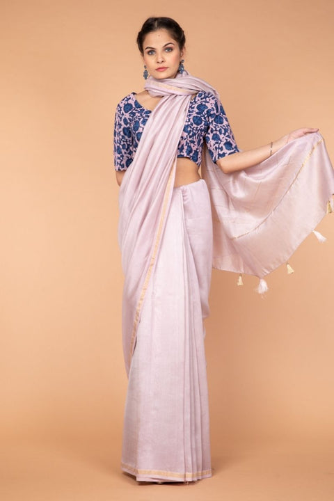 Shop Woven Chanderi Sari in Onion Pink with Hand Block Printed Cotton Blouse in Indigo | Vinusto