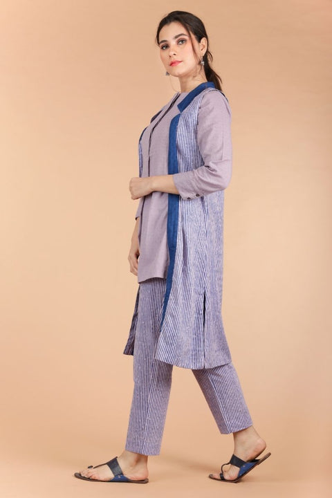 Luxury Pleated Short Kurta in Lilac Textured Cotton with Lilac Cotton Palazzo & Hand Block Printed Reversible Jacket (Set of 3) | Vinusto