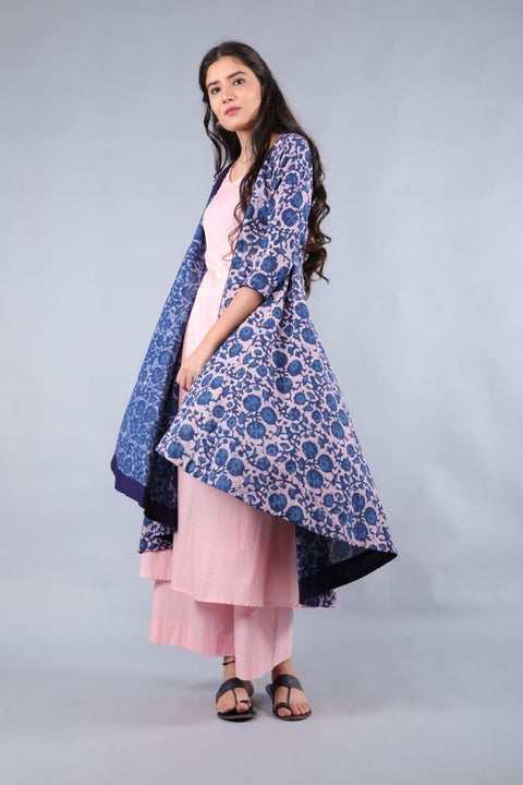 Pink & Indigo Hand block Printed Cotton Jacket With Waterfall Hem