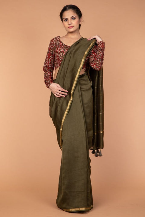Shop Woven Chanderi Sari in Olive Green with Hand Block Printed Cotton Blouse in Maroon | Vinusto
