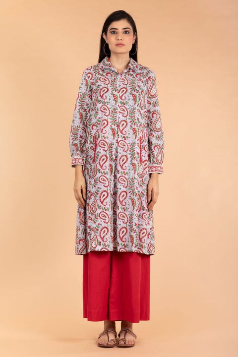 Shirt Kurta in Lilac & Red Hand block Printed Cotton