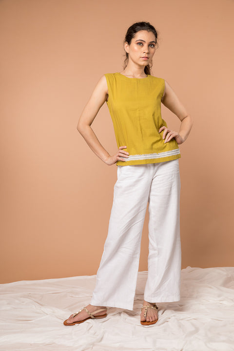 Buy Sleeveless Top with Fringes in Ochre Yellow Cotton | Vinusto