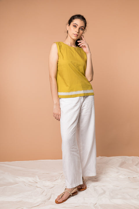 Sleeveless Top with fringes in Ochre Yellow cotton