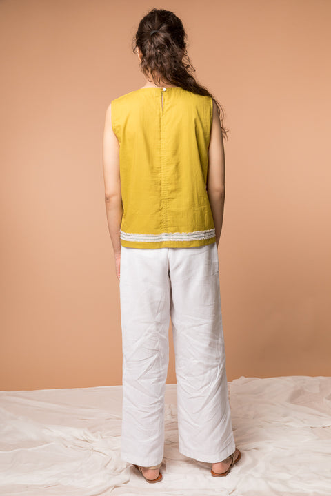 Sleeveless Top with fringes in Ochre Yellow cotton