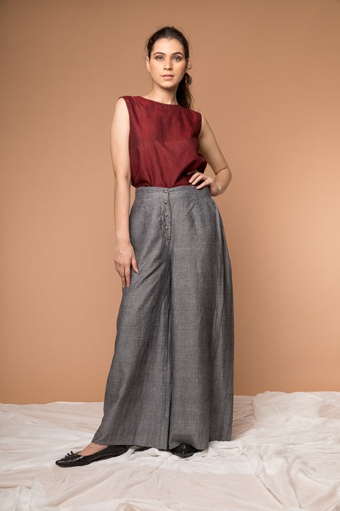 Shop Maroon Boxy Top with Gray Flared Pants in Handwoven Sambalpur Cotton (Set of 2) | Vinusto