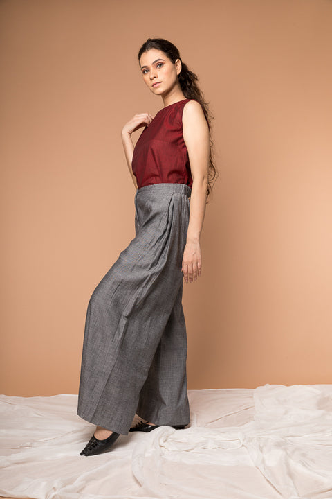 Buy Maroon Boxy Top with Gray Flared Pants in Handwoven Sambalpur Cotton (Set of 2) | Vinusto