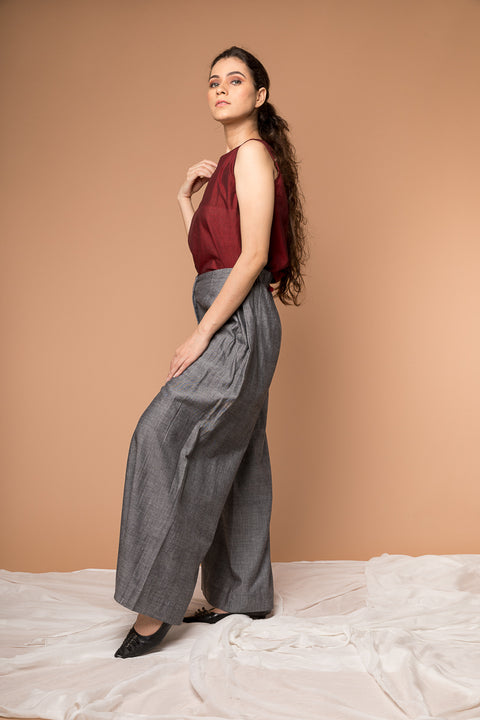 Order Maroon Boxy Top with Gray Flared Pants in Handwoven Sambalpur Cotton (Set of 2) | Vinusto
