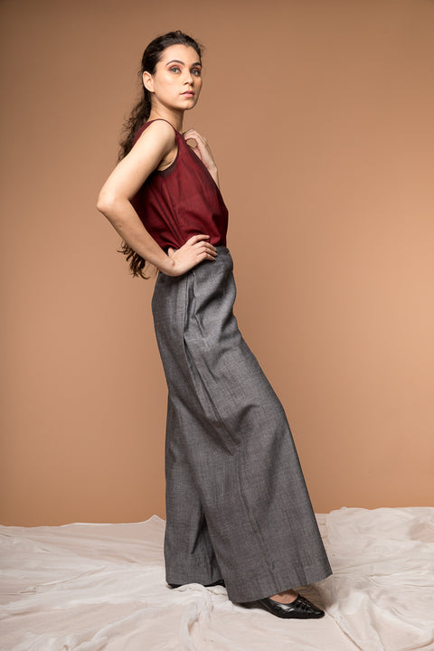 Luxury Maroon Boxy Top with Gray Flared Pants in Handwoven Sambalpur Cotton (Set of 2) | Vinusto
