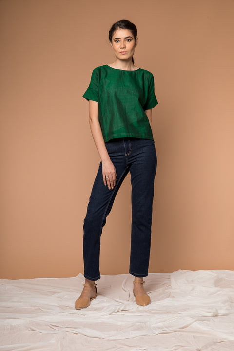 Shop Boxy Top in Dark Forest Green Handwoven Sambalpur Cotton | Vinusto