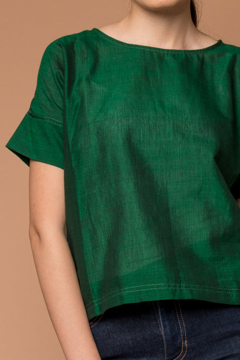 Buy Boxy Top in Dark Forest Green Handwoven Sambalpur Cotton | Vinusto