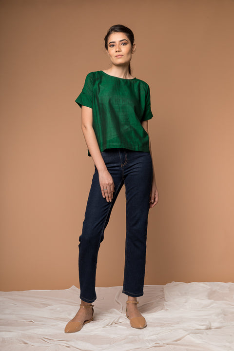Order Boxy Top in Dark Forest Green Handwoven Sambalpur Cotton | Vinusto
