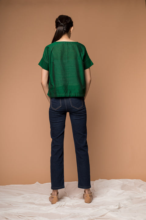 Luxury Boxy Top in Dark Forest Green Handwoven Sambalpur Cotton | Vinusto