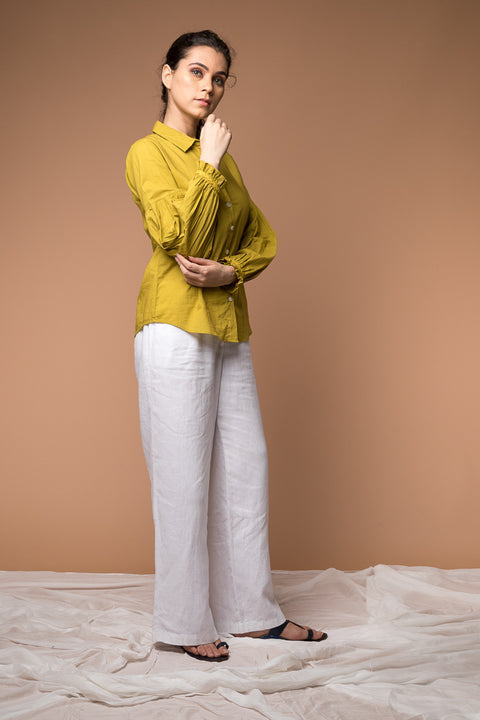 Shirt with puff sleeves in Ochre Yellow cotton