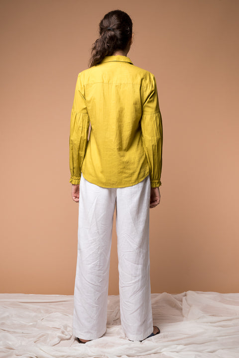 Shirt with puff sleeves in Ochre Yellow cotton