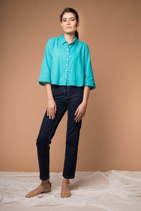 Shop Crop Shirt with Kimono Sleeves in Aqua Blue Cotton | Vinusto