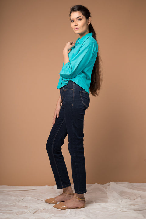 Buy Crop Shirt with Kimono Sleeves in Aqua Blue Cotton | Vinusto