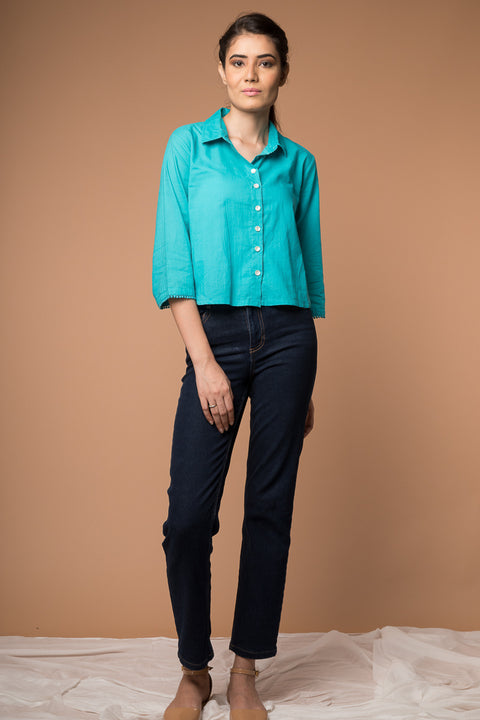 Handcraft Crop Shirt with Kimono Sleeves in Aqua Blue Cotton | Vinusto