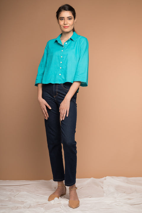 Order Crop Shirt with Kimono Sleeves in Aqua Blue Cotton | Vinusto