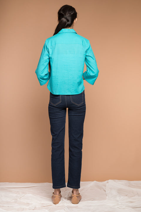 Luxury Crop Shirt with Kimono Sleeves in Aqua Blue Cotton | Vinusto